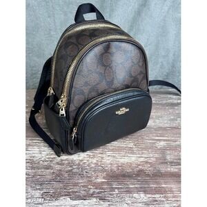 Coach Mini Charlie Backpack F32221 Signature Brown Black Leather Trim Gold Zip